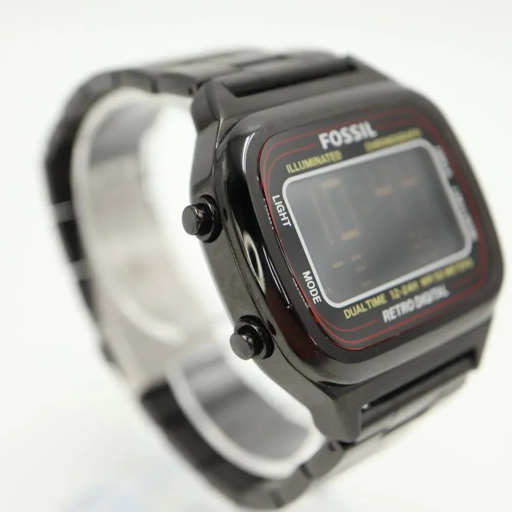 Fossil Retro Digital Black Negative Display 42mm Watch Steel FS5845 New Battery